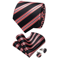 YourTies Black Necktie Coral Red Stripes Men's Tie Hanky Cufflinks Set