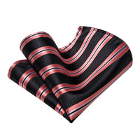 Black Necktie Coral Red Stripes Men's Tie Brooch for Suit Set