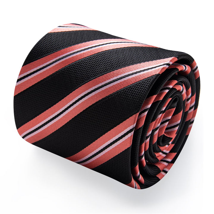 Black Necktie Coral Red Stripes Men's Tie Brooch for Suit Set