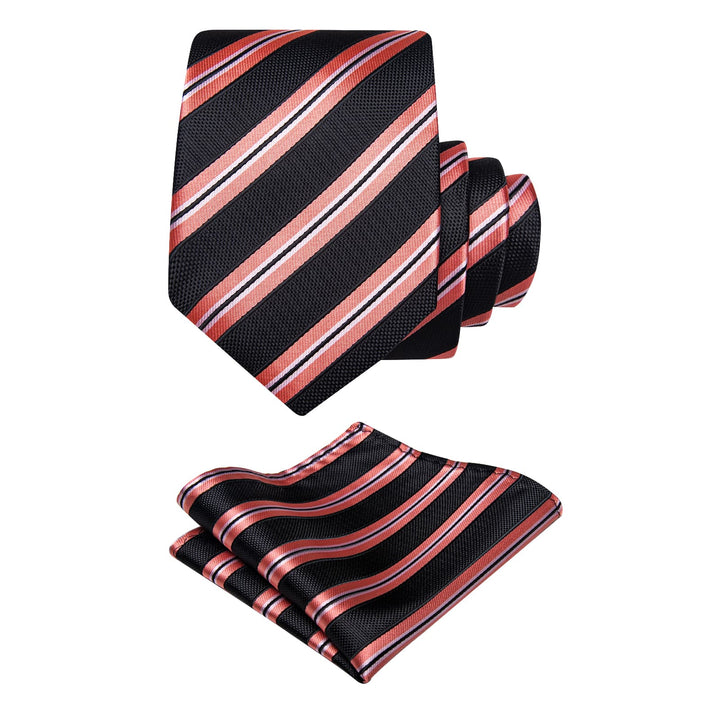 Black Necktie Coral Red Stripes Men's Tie Brooch for Suit Set