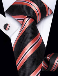 YourTies Black Necktie Coral Red Stripes Men's Tie Hanky Cufflinks Set