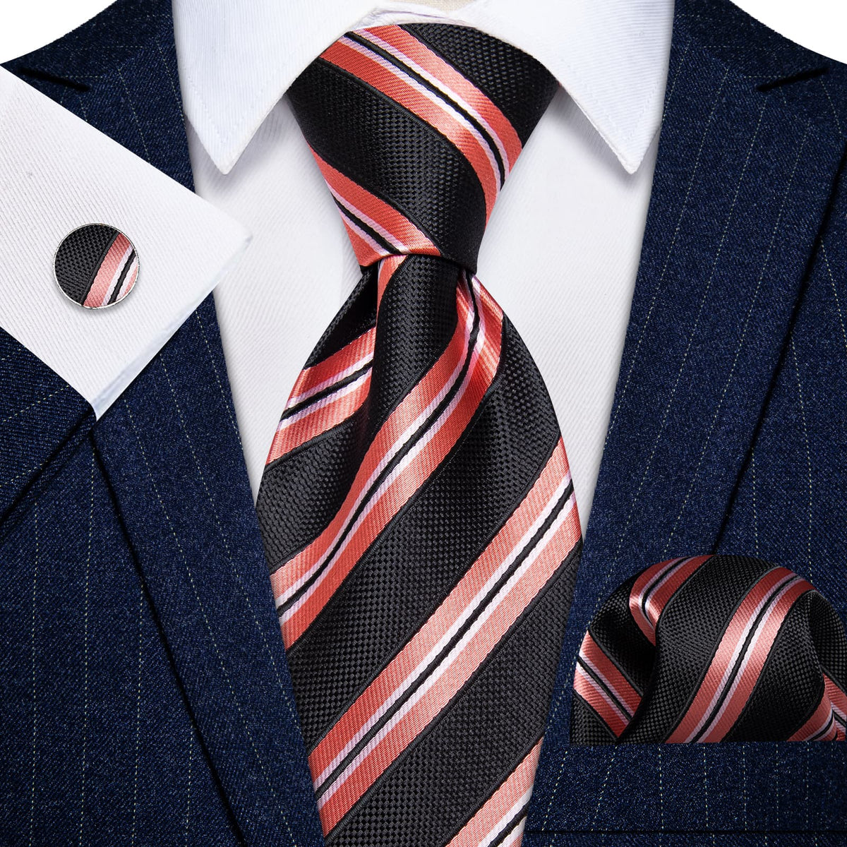  Black Necktie Coral Red Stripes Men's Tie Hanky Cufflinks Set