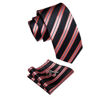 Black Necktie Coral Red Stripes Men's Tie Brooch for Suit Set