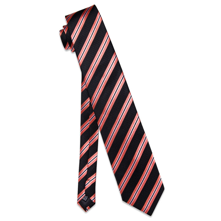  Black Necktie Coral Red Stripes Men's Tie Hanky Cufflinks Set