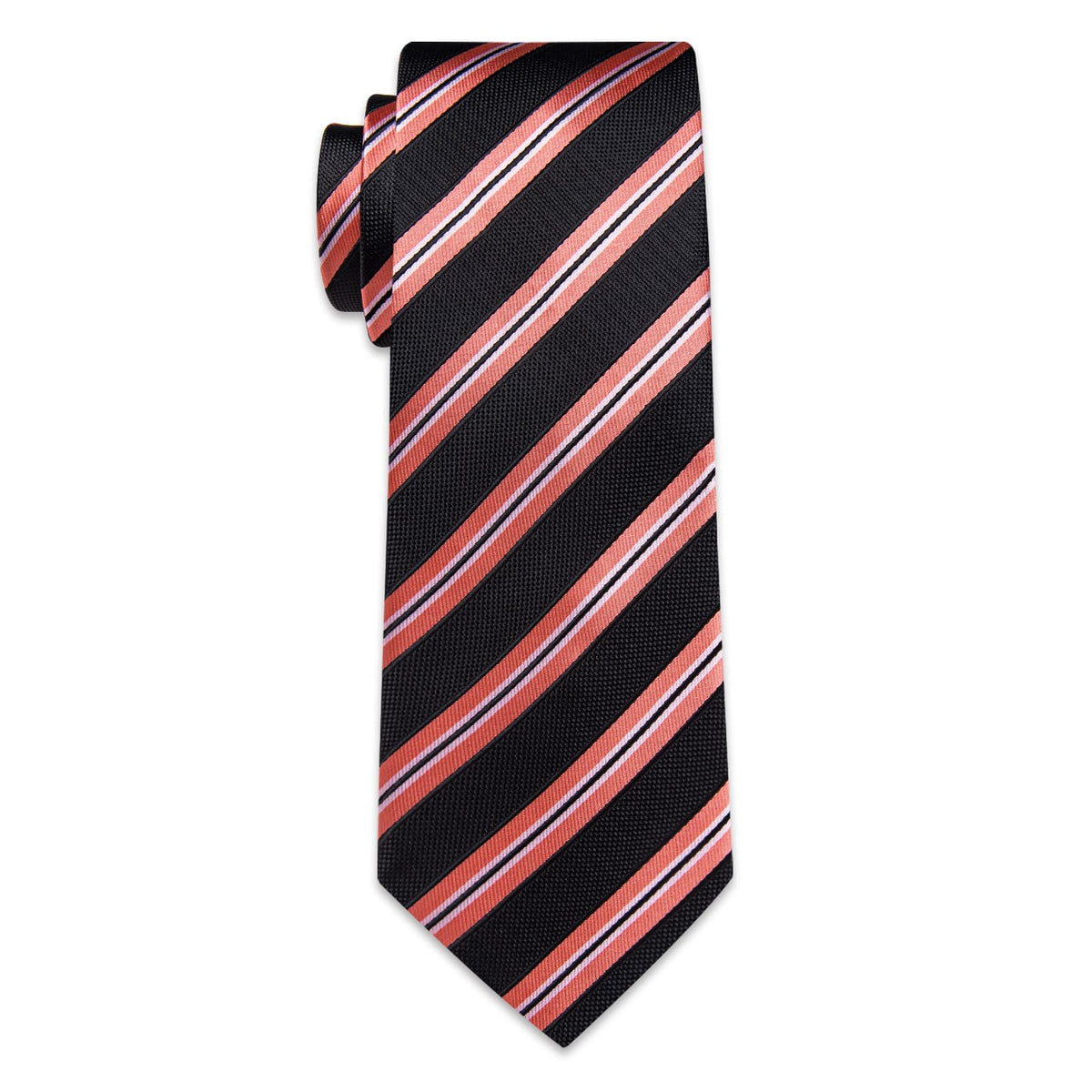  Black Necktie Coral Red Stripes Men's Tie Hanky Cufflinks Set