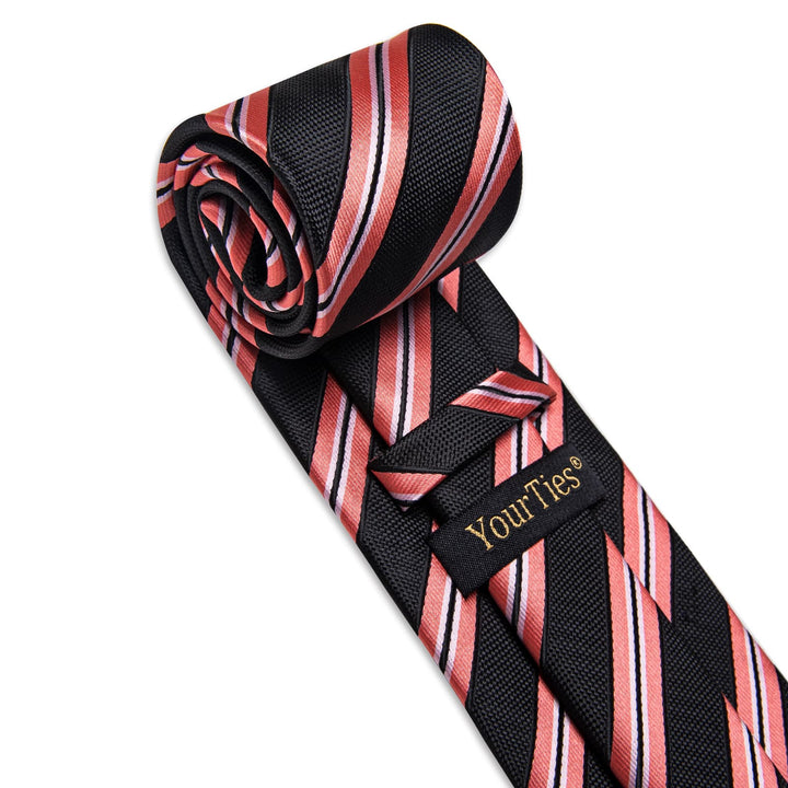  Black Necktie Coral Red Stripes Men's Tie Hanky Cufflinks Set