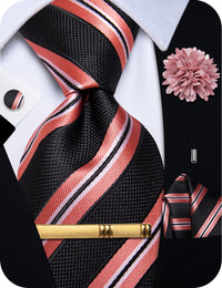 YourTies Black Necktie Coral Red Stripes Men's Tie Brooch for Suit Set