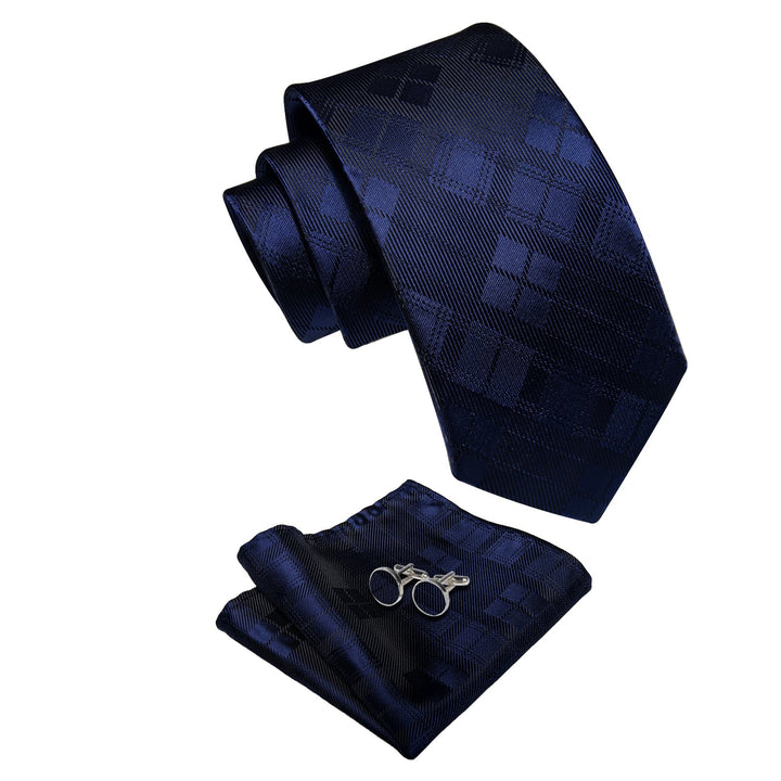 Black Necktie Deep Blue Plaid Men's Tie Hanky Cufflinks Set