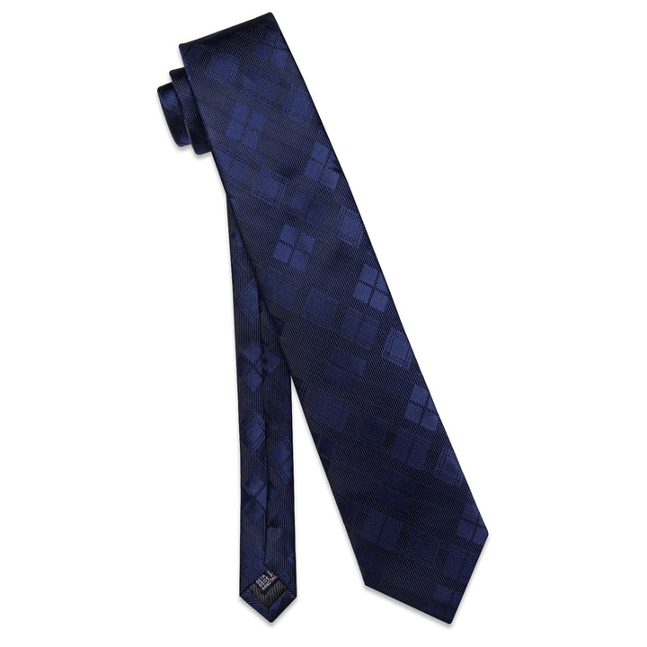 Black Necktie Deep Blue Plaid Men's Tie Hanky Cufflinks Set