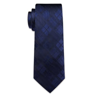 Black Necktie Deep Blue Plaid Men's Tie Hanky Cufflinks Set