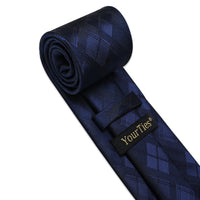 Black Necktie Deep Blue Plaid Men's Tie Hanky Cufflinks Set