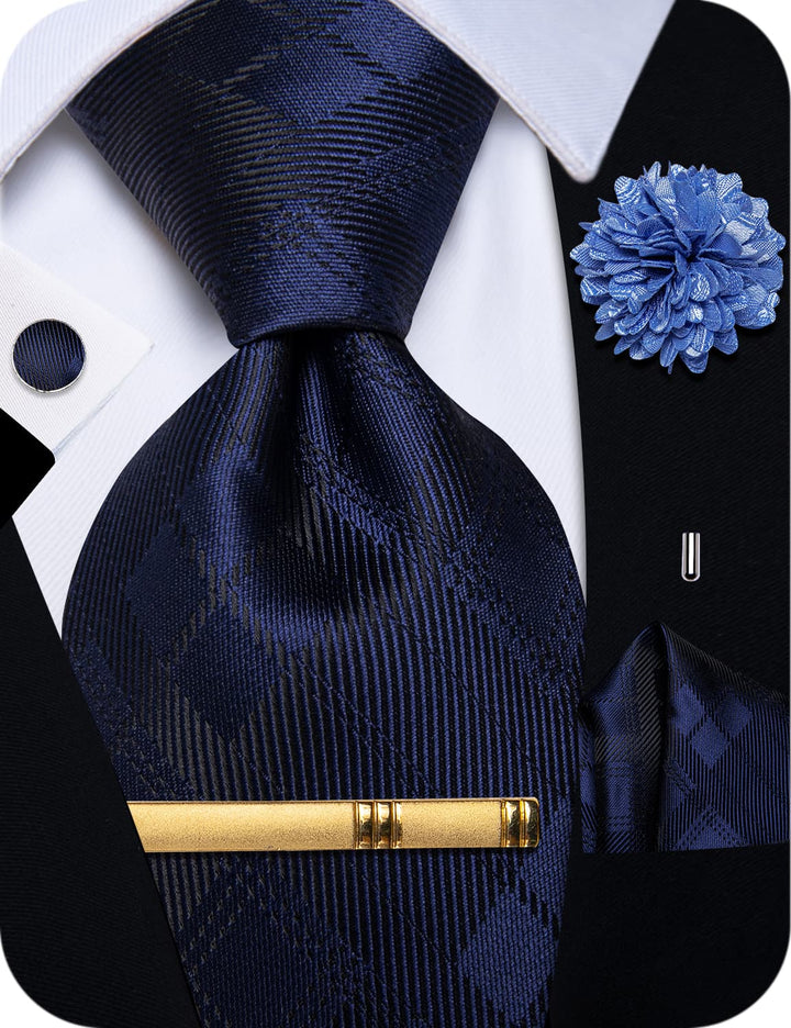 Navy Blue Necktie Checkered Men's Tie Brooch for Suit Set