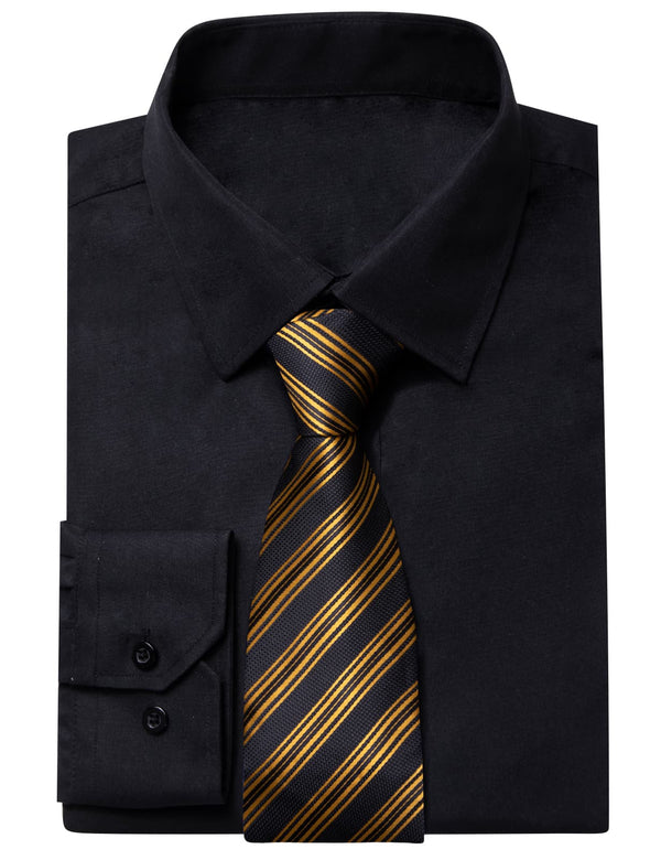 YourTies Black Solid Long Sleeve Shirt with Gold Black Striped Silk Tie for Men