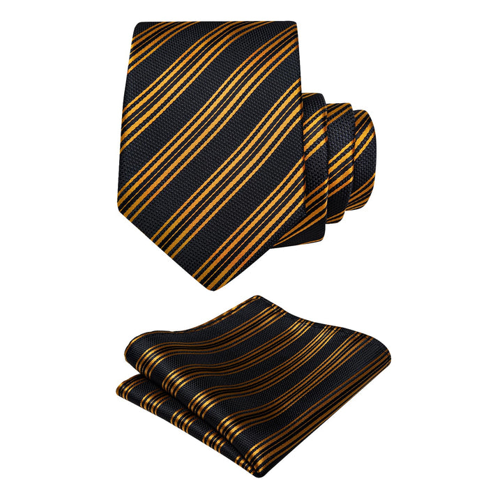 Black Gold Necktie Striped Men Tie Brooch Set for Suit Blazer