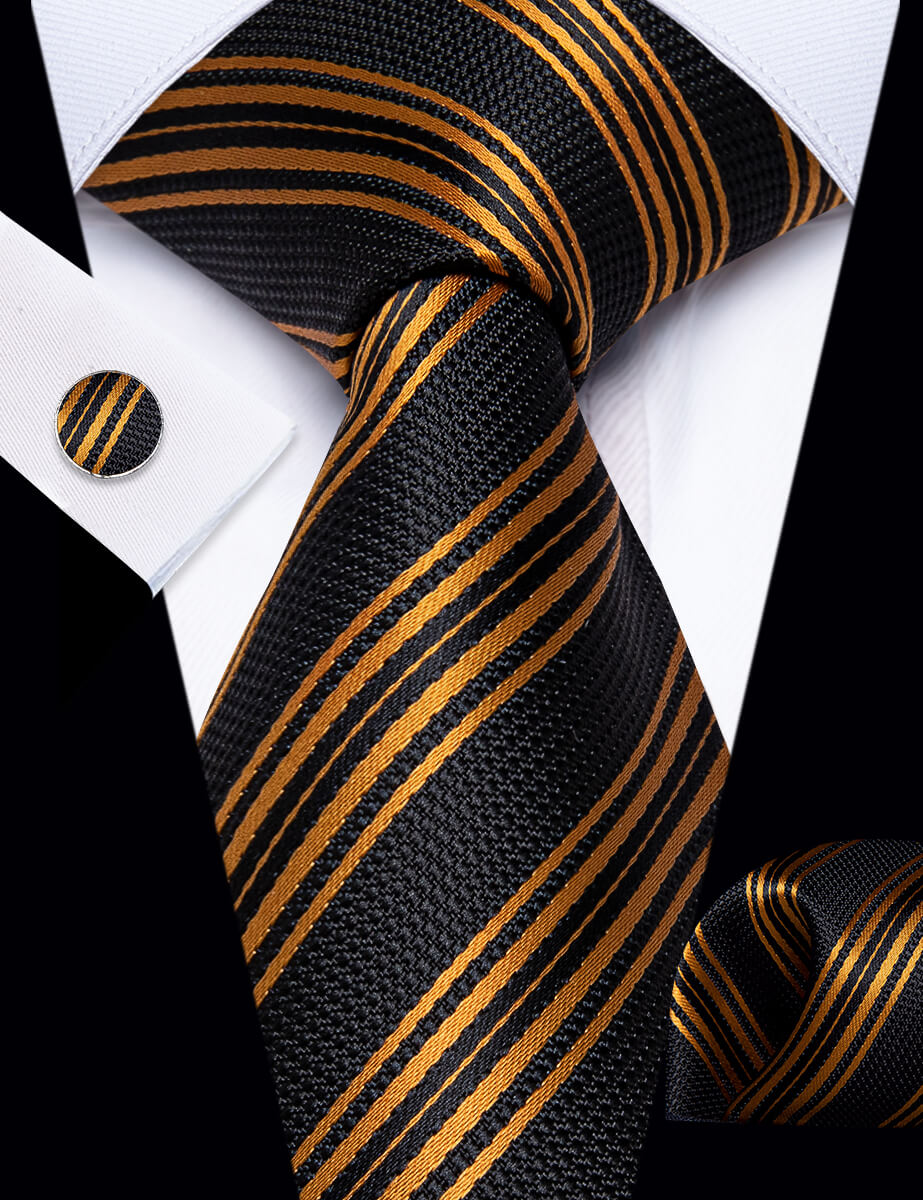 YourTies Black Tie Gold Stripes Men's Wedding Tie Hanky Cufflinks Set