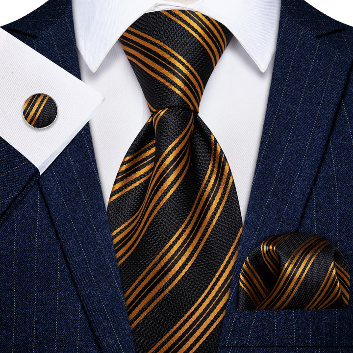  Black Tie Gold Stripes Men's Wedding Tie Hanky Cufflinks Set