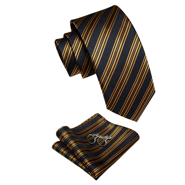  Black Tie Gold Stripes Men's Wedding Tie Hanky Cufflinks Set