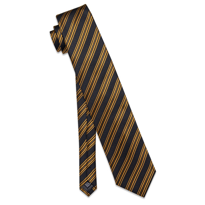  Black Tie Gold Stripes Men's Wedding Tie Hanky Cufflinks Set