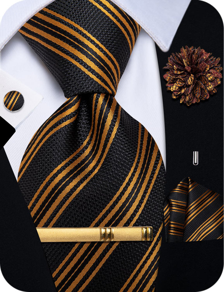 Black Gold Necktie Striped Men Tie Brooch Set for Suit Blazer