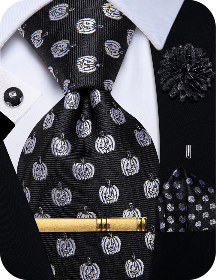 Black Grey Necktie Novelty Men Tie Brooch Set for Suit Blazer