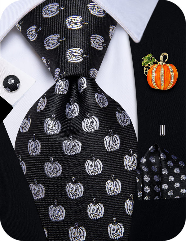 YourTies Halloween Black Grey Necktie Novelty Men Tie Brooch Set for Suit Blazer