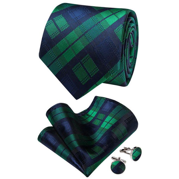 Blue Green Necktie Plaid Men Tie Brooch Set for Suit Blazer