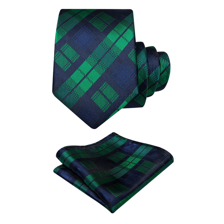 Blue Green Necktie Plaid Men Tie Brooch Set for Suit Blazer