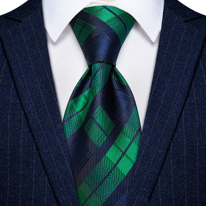  Dark Green Neck Tie Blue Checkered Tie Hanky Cufflinks Set