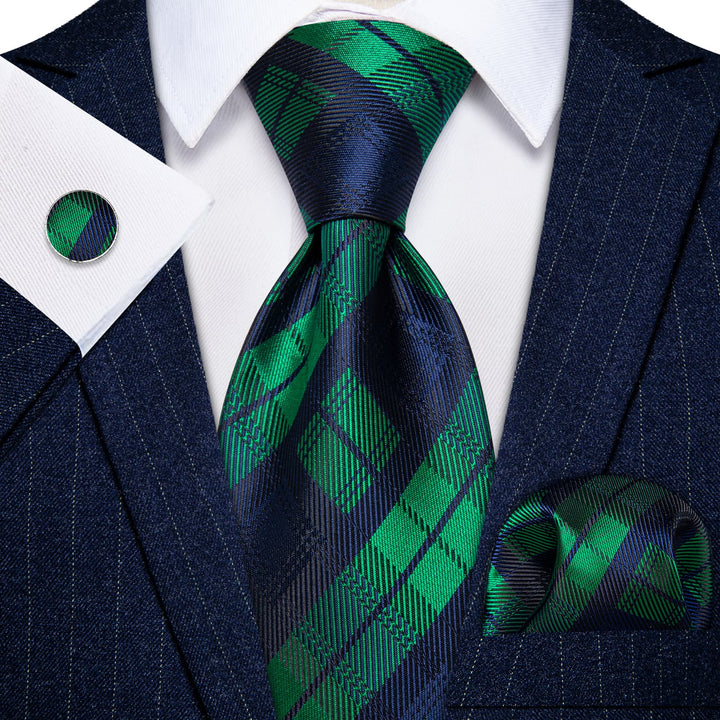  Dark Green Neck Tie Blue Checkered Tie Hanky Cufflinks Set