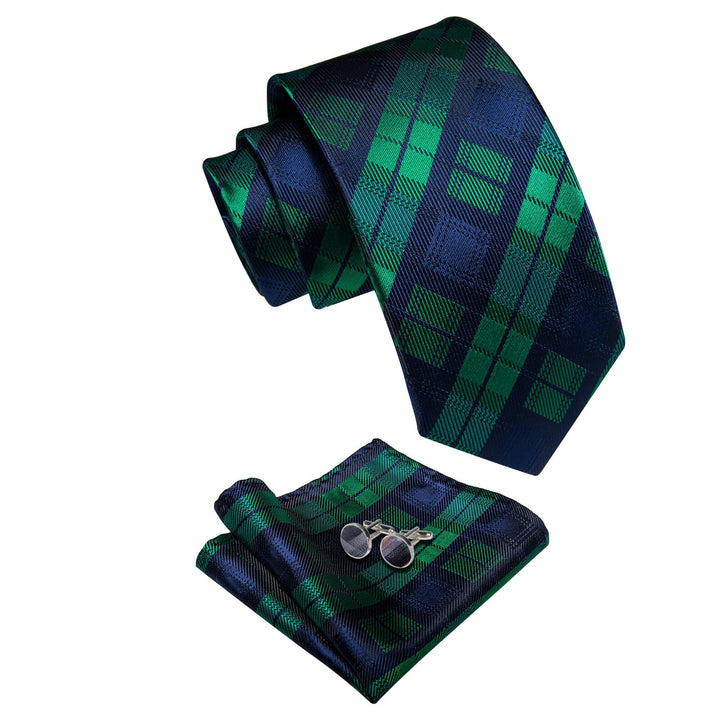  Dark Green Neck Tie Blue Checkered Tie Hanky Cufflinks Set