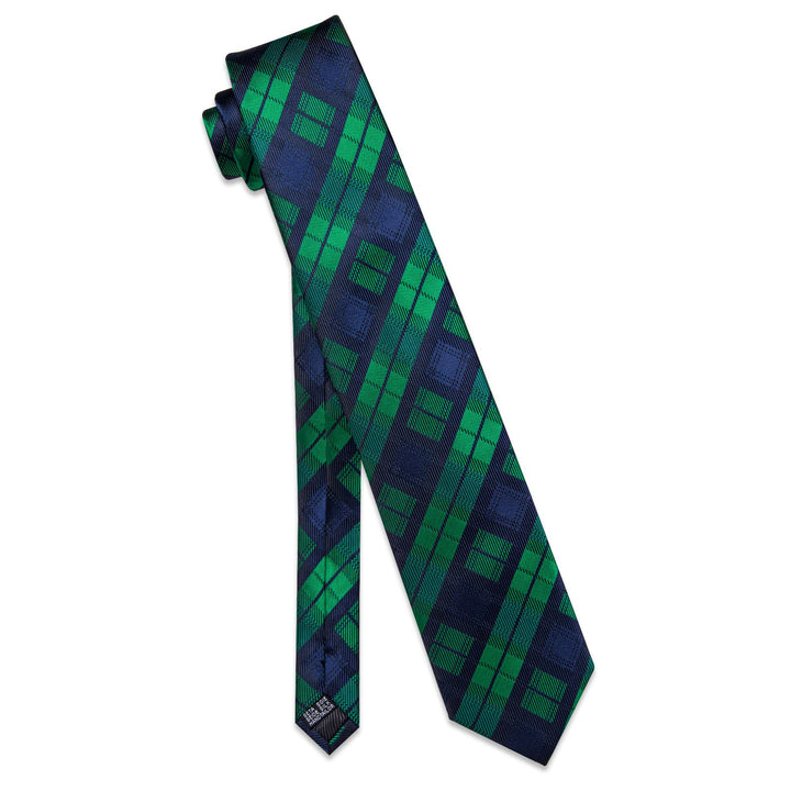  Dark Green Neck Tie Blue Checkered Tie Hanky Cufflinks Set