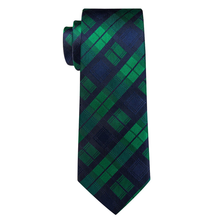  Dark Green Neck Tie Blue Checkered Tie Hanky Cufflinks Set