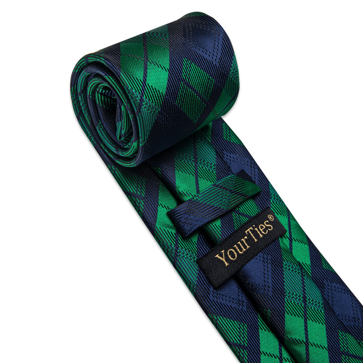  Dark Green Neck Tie Blue Checkered Tie Hanky Cufflinks Set