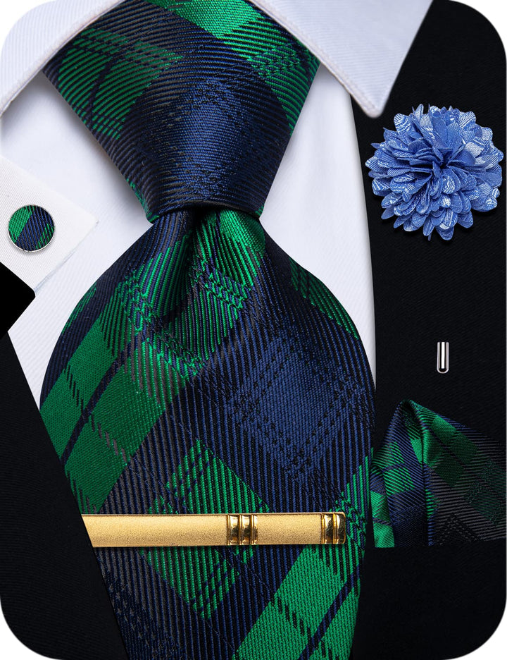 Blue Green Necktie Plaid Men Tie Brooch Set for Suit Blazer