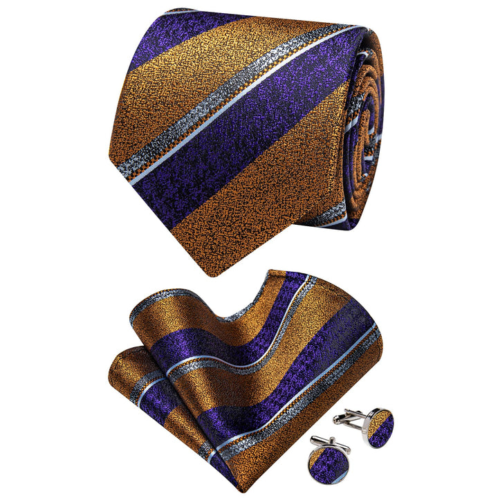  Blue Gold Necktie Striped Men Tie Brooch Set for Suit Blazer