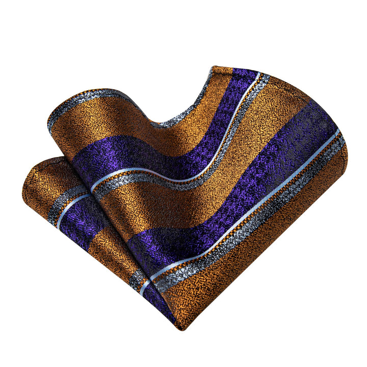 Men's Necktie Purple Gold Striped Tie Hanky Cufflinks Set