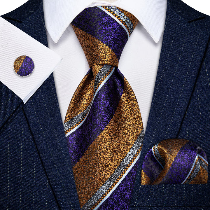  Men's Necktie Purple Gold Striped Tie Hanky Cufflinks Set