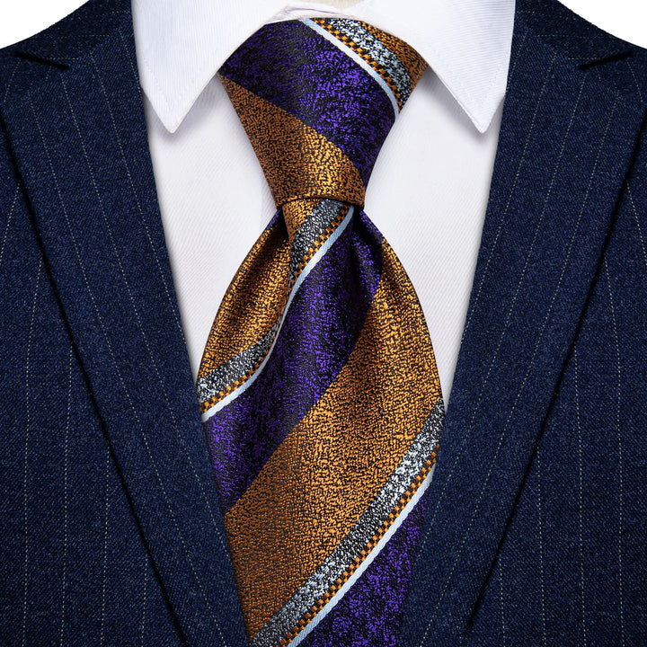  Men's Necktie Purple Gold Striped Tie Hanky Cufflinks Set