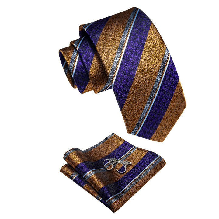 Men's Necktie Purple Gold Striped Tie Hanky Cufflinks Set