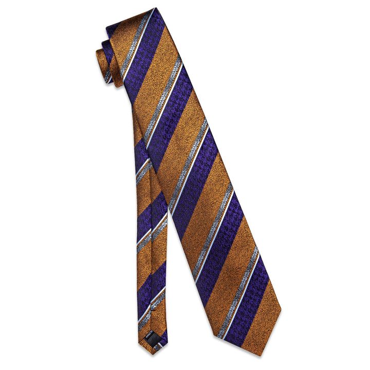 Men's Necktie Purple Gold Striped Tie Hanky Cufflinks Set