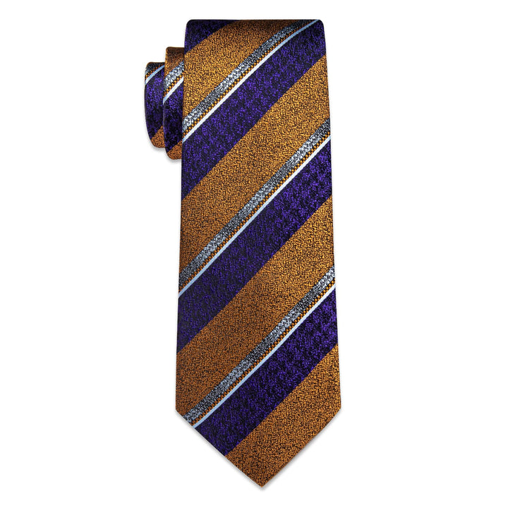 Men's Necktie Purple Gold Striped Tie Hanky Cufflinks Set