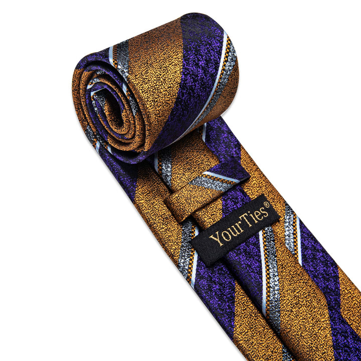 Men's Necktie Purple Gold Striped Tie Hanky Cufflinks Set