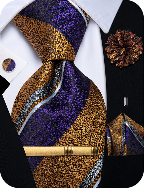 Blue Gold Necktie Striped Men Tie Brooch Set for Suit Blazer