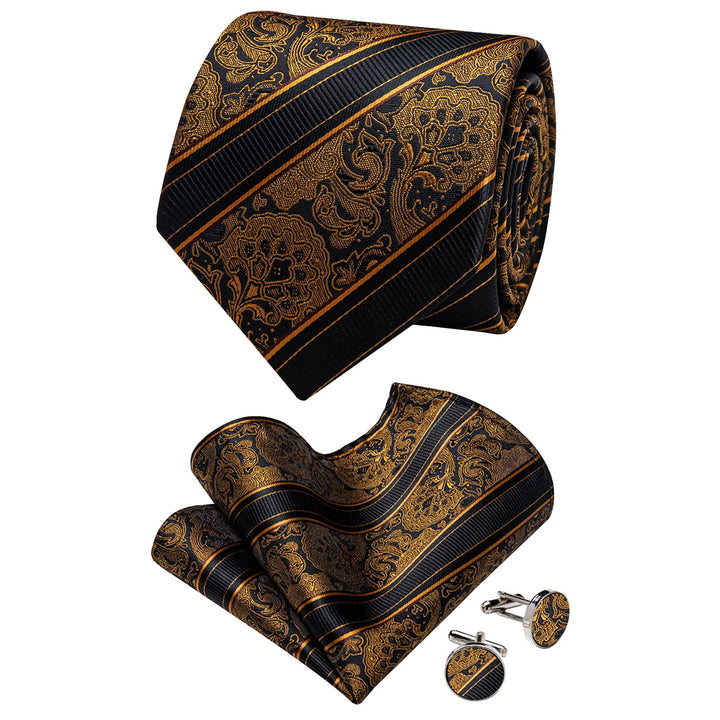  Black Gold Paisley Men's Necktie Brooch Set for Suit Blazer