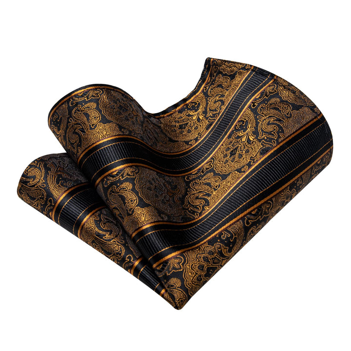  Black Gold Paisley Men's Necktie Brooch Set for Suit Blazer