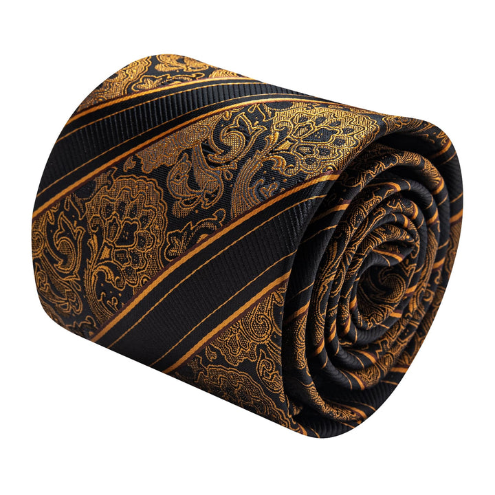  Black Gold Paisley Men's Necktie Brooch Set for Suit Blazer