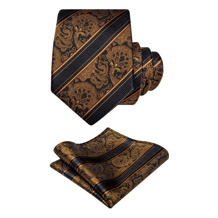  Black Gold Paisley Men's Necktie Brooch Set for Suit Blazer