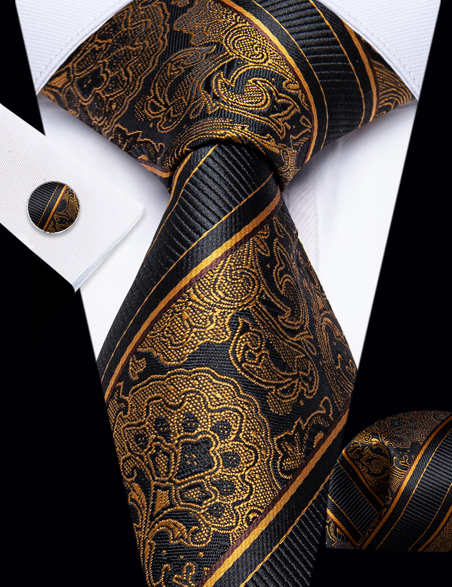 YourTies Men's Necktie Black Gold Floral Tie Hanky Cufflinks Set