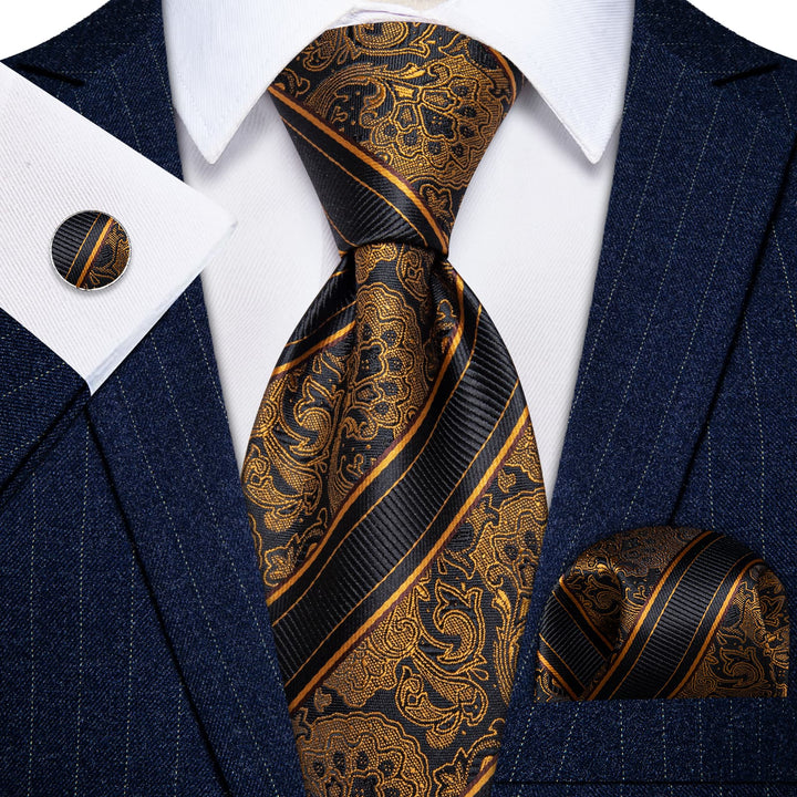  Men's Necktie Black Gold Floral Tie Hanky Cufflinks Set