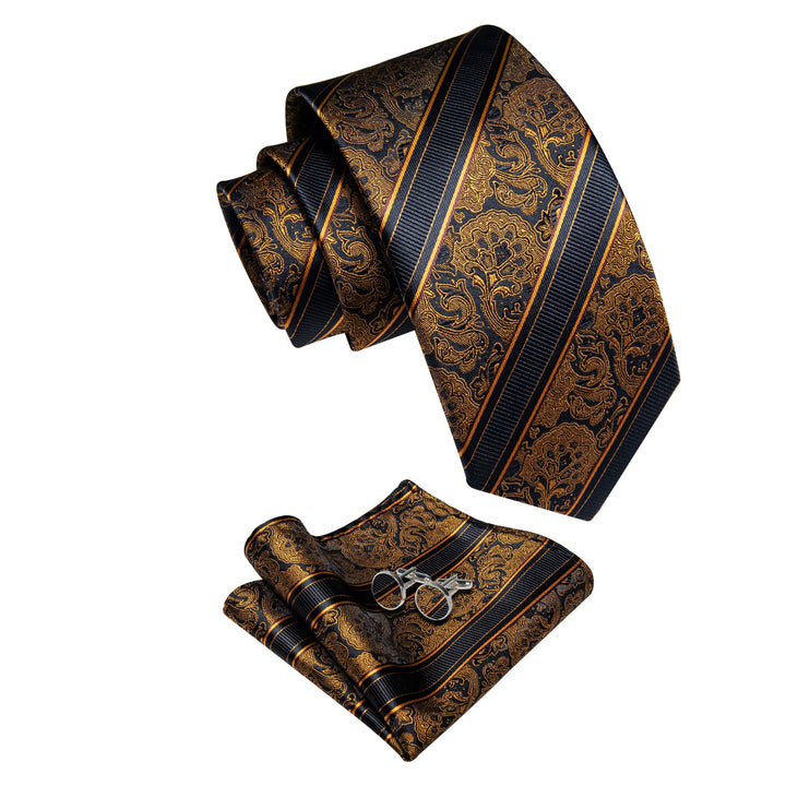 Men's Necktie Black Gold Floral Tie Hanky Cufflinks Set